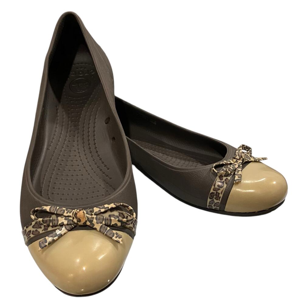CROCS Cap Toe Bow Flats Slip On Shoes 201679 Espresso Gold Womens Size 9